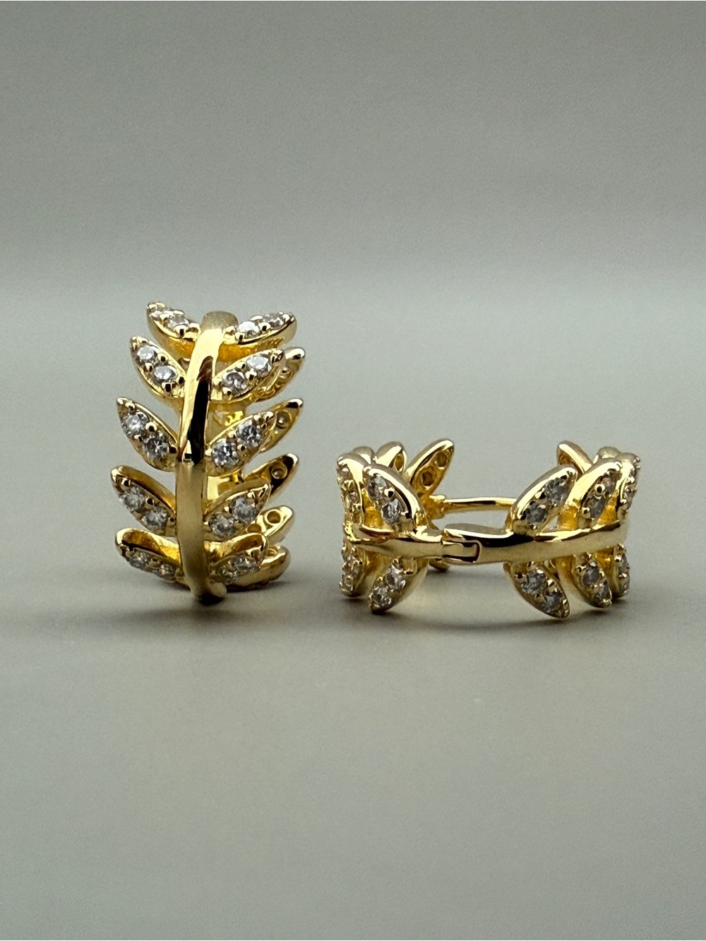 Olive Branch Huggie Hoop Earrings with Moissanite Gemstones S925 14k Plated - Picture 4 of 7